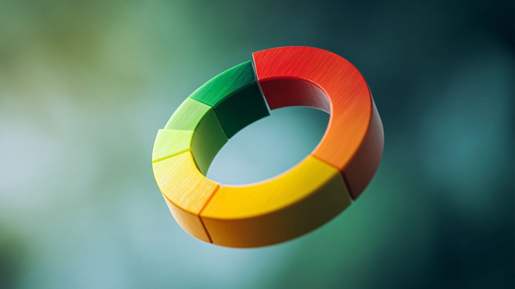 A 3D segmented torus floating over a soft teal-green blurred background, with block-like sections forming a ring that transitions in color from green through yellow and orange to red.