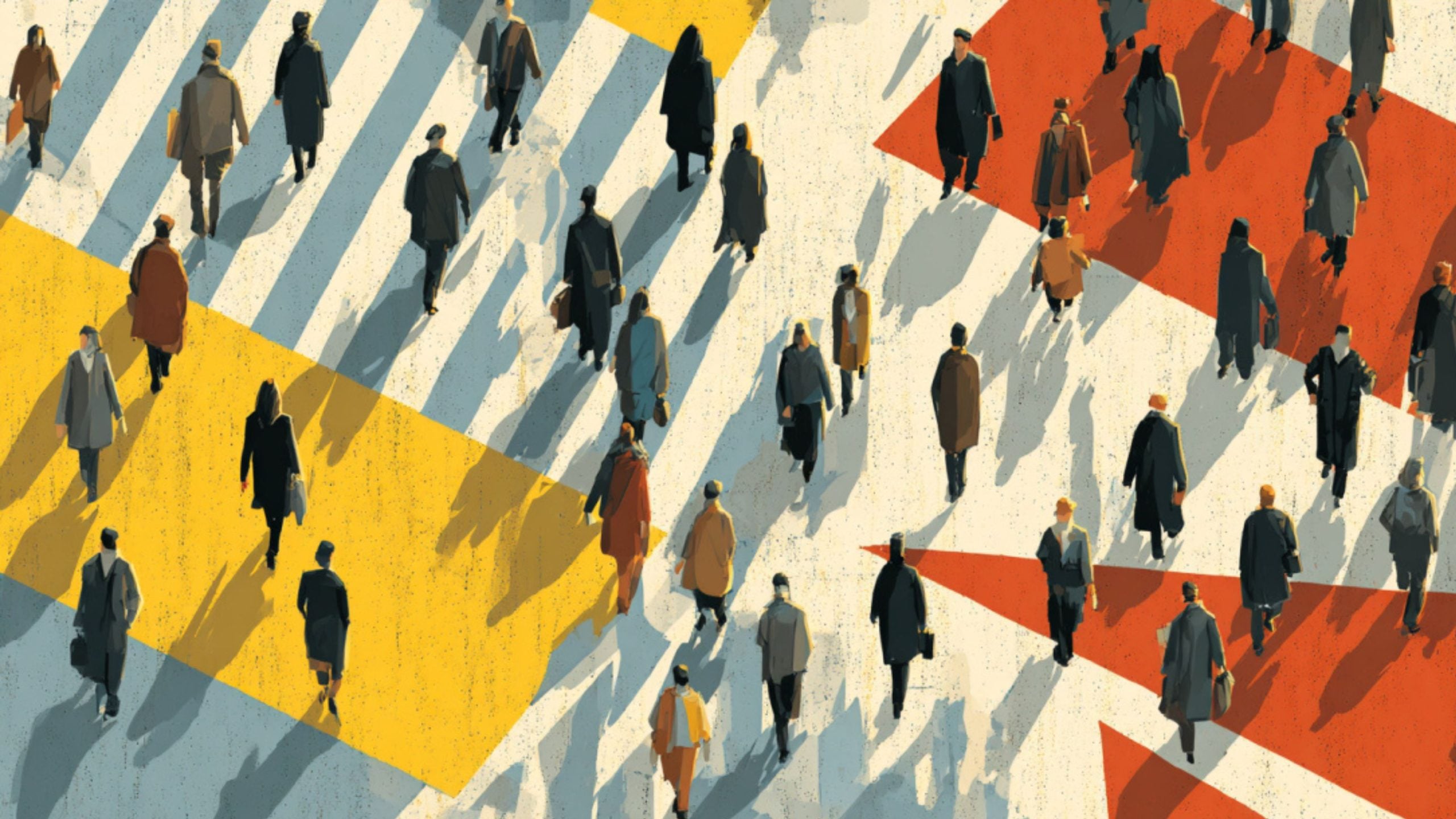 Overhead illustration of numerous pedestrians in coats and carrying bags walking across a wide diagonal-striped crosswalk punctuated by large yellow and red geometric blocks, with long shadows cast behind them.