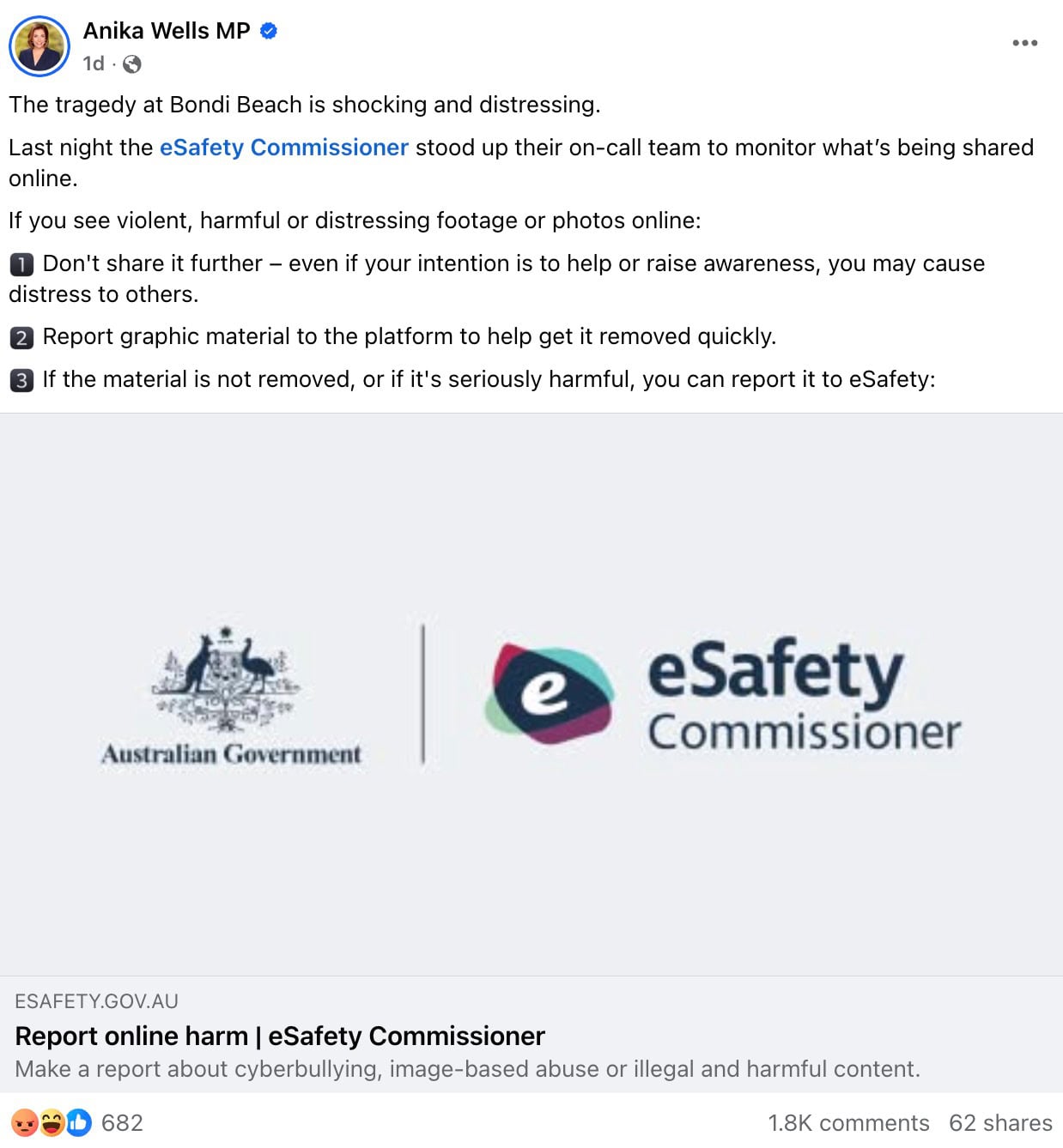 Social post by a verified MP about Bondi Beach urging not to share violent or distressing footage, with eSafety logo.