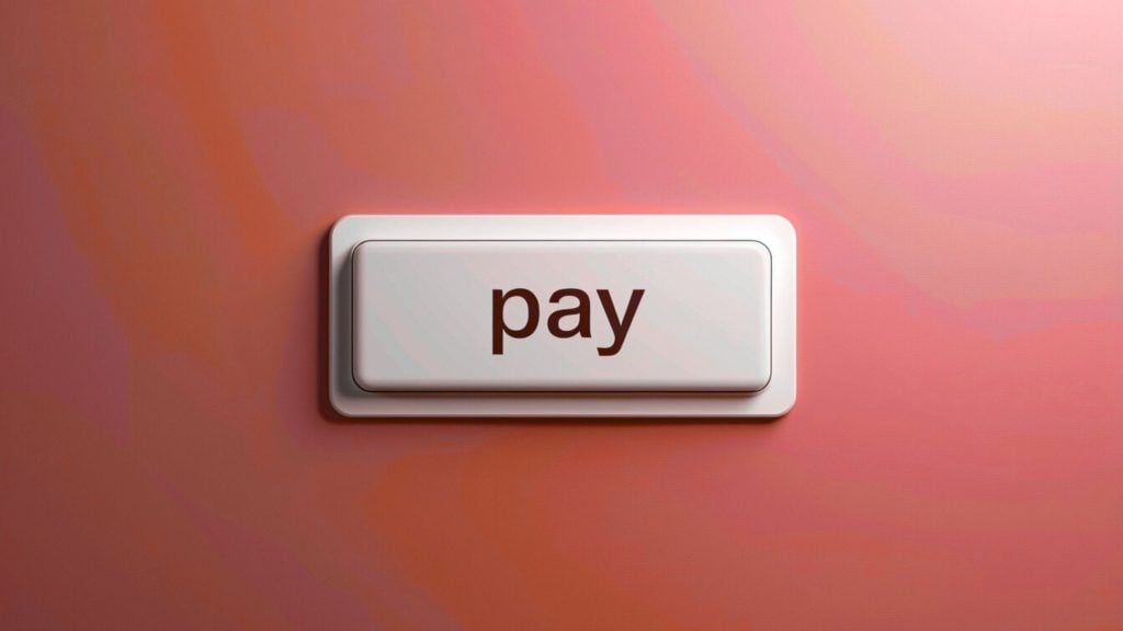 A white rectangular button with rounded corners labeled pay in dark brown, centered against a soft coral-pink gradient background.