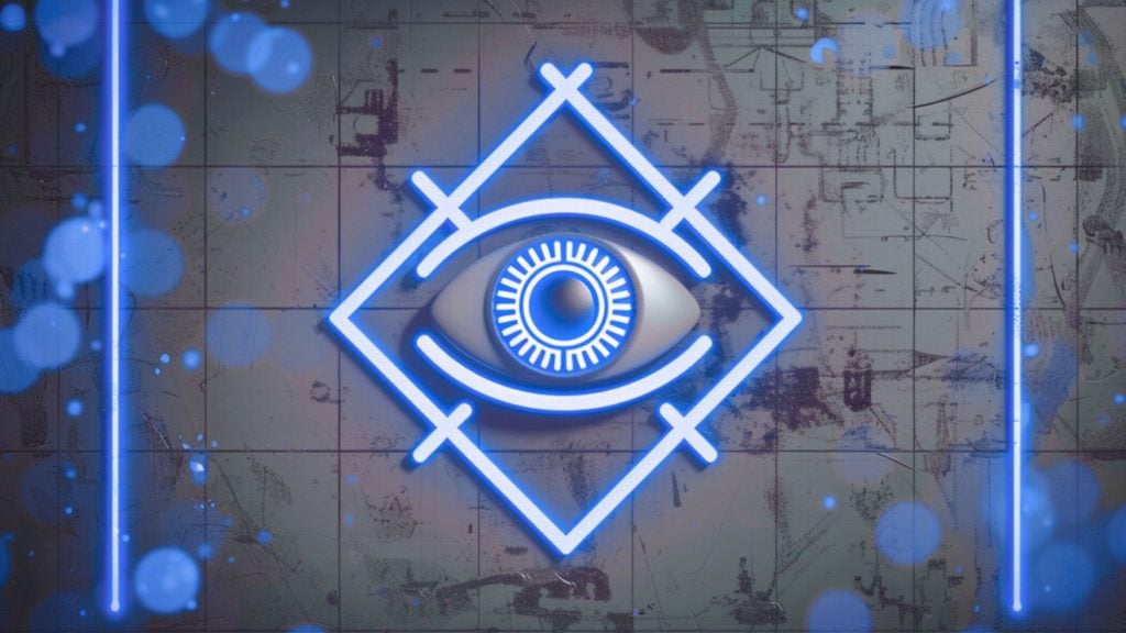 Blue neon stylized eye emblem inside a diamond frame on a grungy tiled wall, flanked by vertical neon bars and blue bokeh.