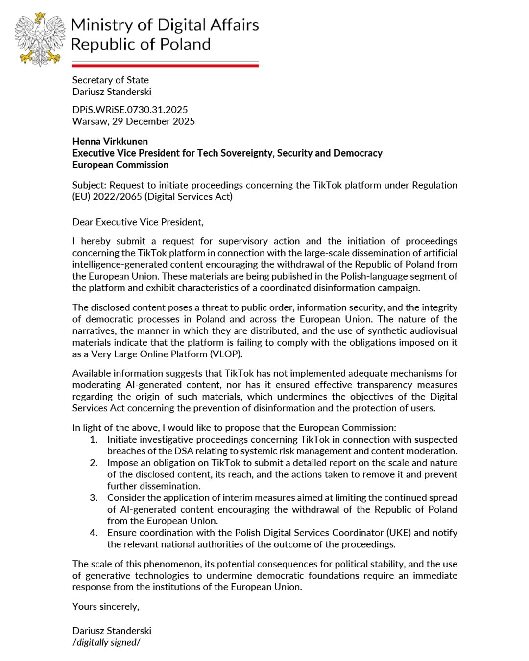 Letter from Poland's Ministry of Digital Affairs (Polish eagle crest) requesting EU action against TikTok under the DSA.