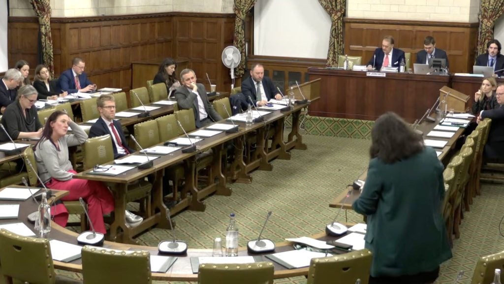 A woman stands addressing seated officials in a wood-paneled committee room with green leather chairs, microphones, and documents.
