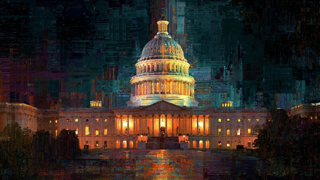 US Capitol building at night with glowing golden lights and colorful, pixelated painterly texture reflected on wet pavement