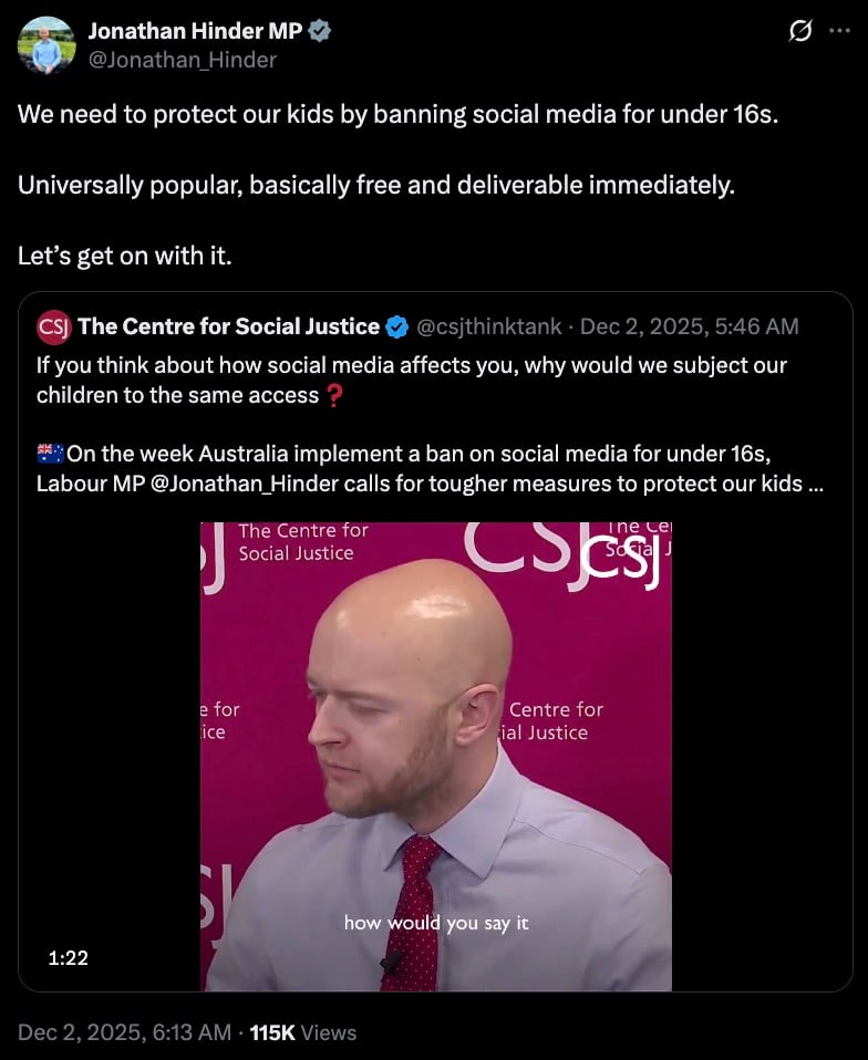 Screenshot of a social-media post calling to ban social media for under-16s, with the post text at top and an embedded video thumbnail showing a bald man in a light shirt and red tie speaking in front of a pink backdrop displaying 'CSJ' and 'Centre for Social Justice' and the on-screen caption 'how would you say it'.
