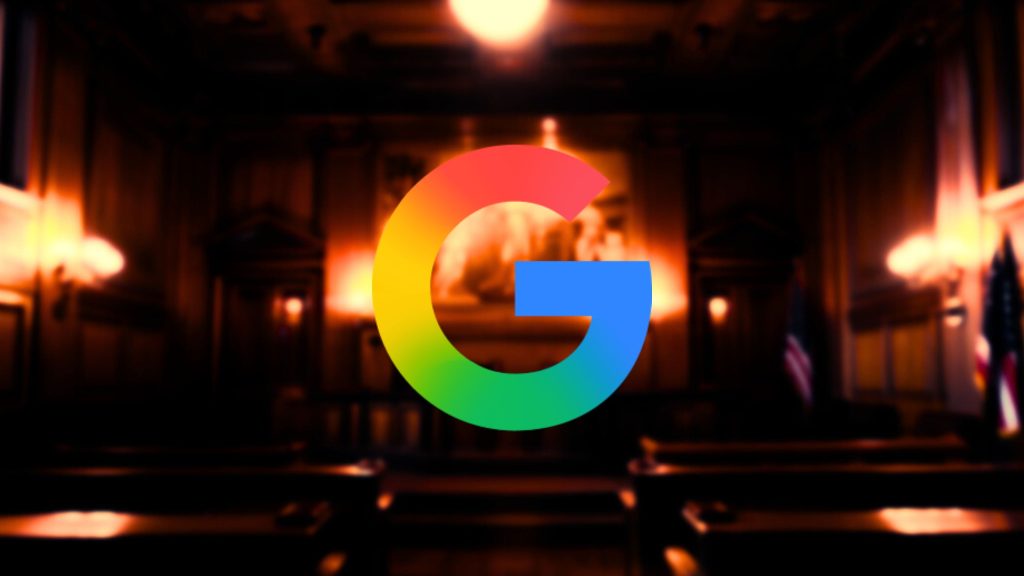 Multicolored Google G centered over a blurred wood-paneled courtroom interior with benches and American flags