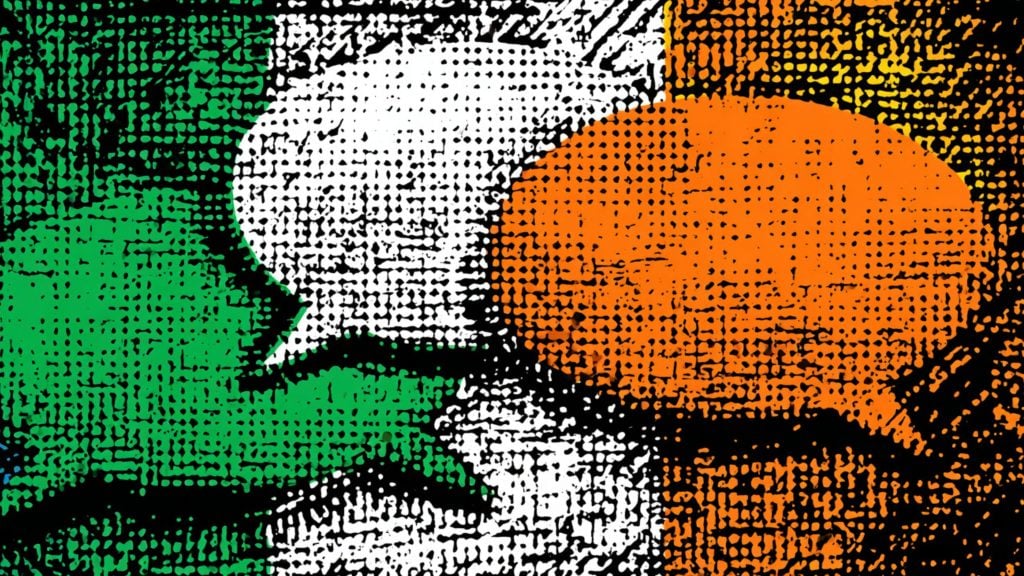 Pop-art halftone rendition of the Irish tricolor with textured green, white, and orange vertical stripes
