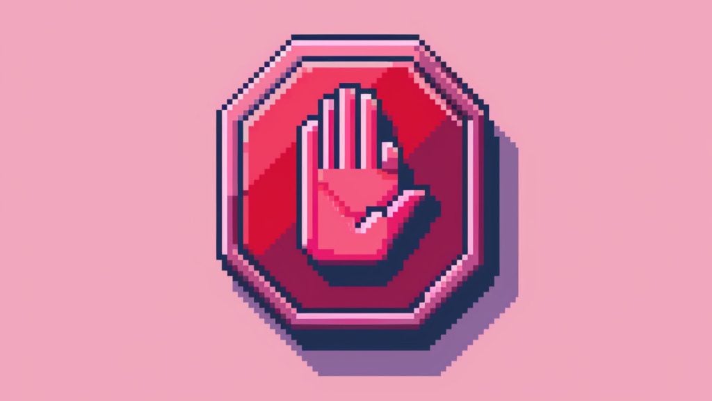 Pixel-art pink octagonal stop sign with an upright palm icon on a pastel pink background.