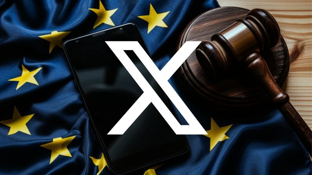 White stylized X logo superimposed over a smartphone and a wooden judge's gavel resting on a crumpled European Union flag with yellow stars.