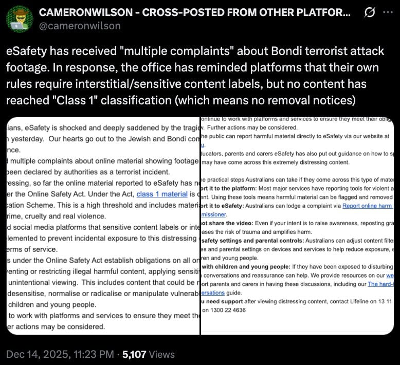 Social post screenshot saying eSafety got complaints about Bondi attack footage and urged content warnings.