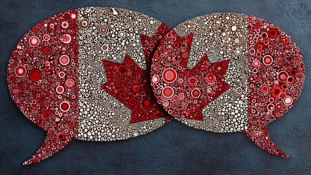 Two overlapping speech bubbles made of red and white circular beads forming a Canadian flag with a central maple leaf.