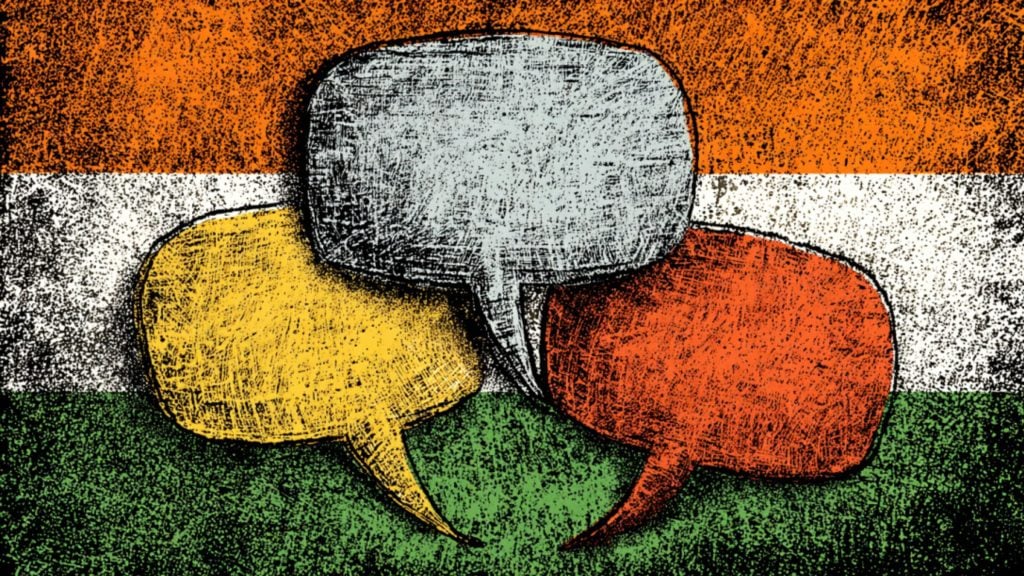 Three sketchy, overlapping speech bubbles—gray, yellow, and red-orange—set against a grainy horizontal orange, white, and green striped background.