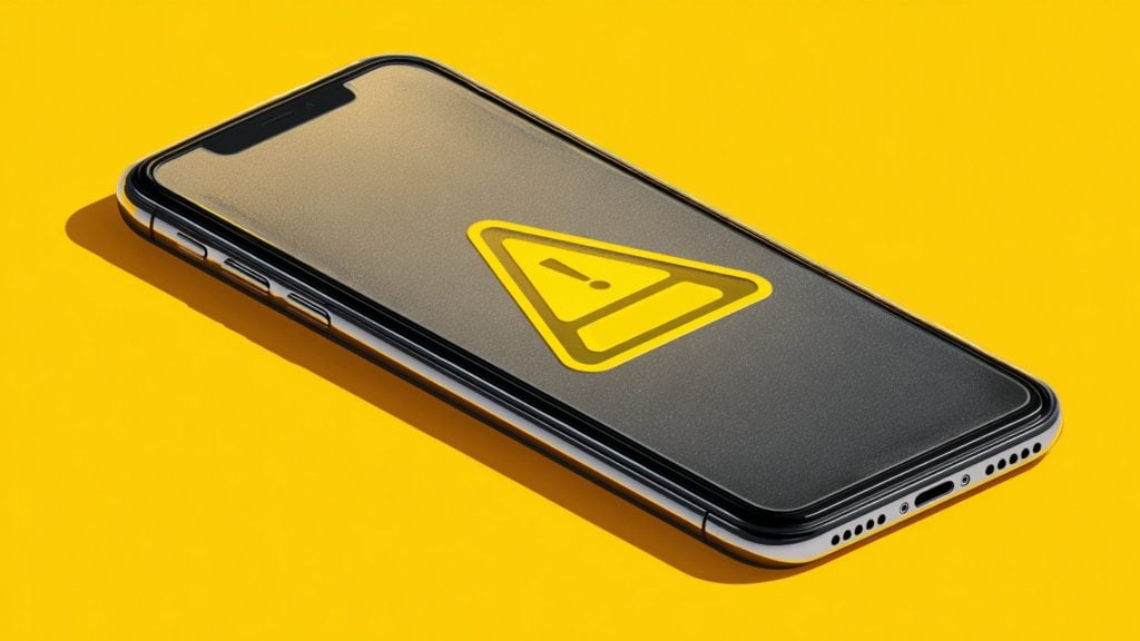 Smartphone on a bright yellow background showing a large yellow warning triangle with an exclamation mark on the screen