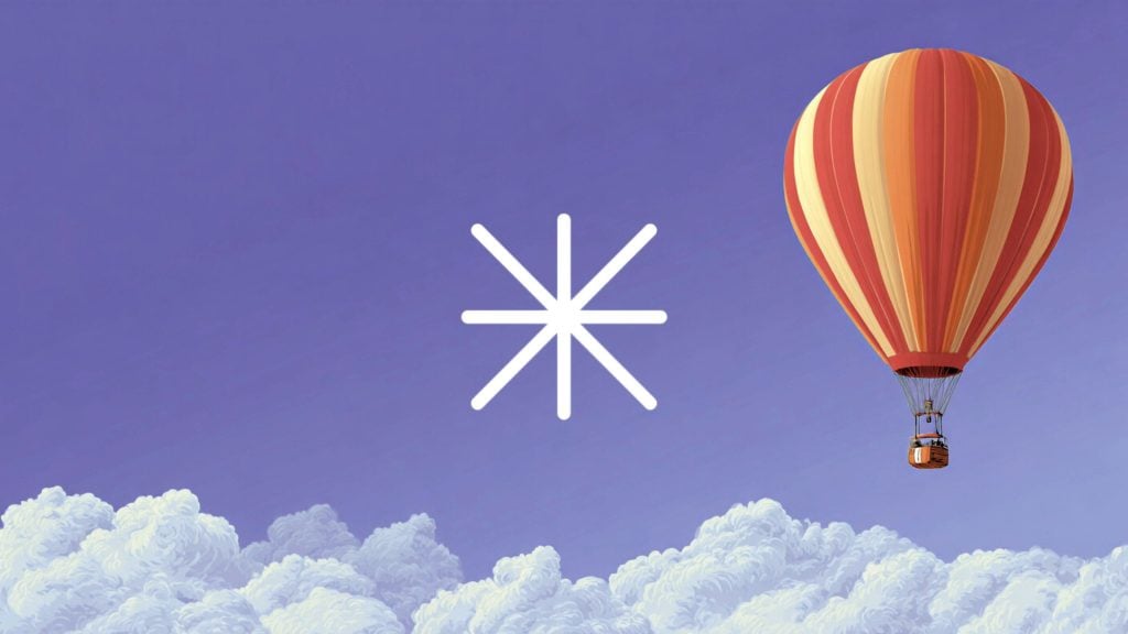 Red and orange hot-air balloon over fluffy clouds in a purple sky with a white star-like asterisk symbol at the center