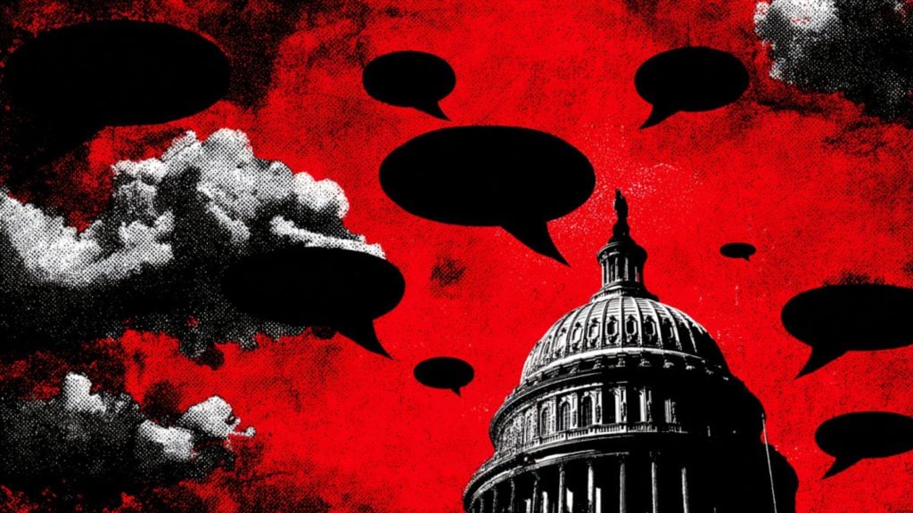Stylized illustration of the U.S. Capitol dome in black and white against a gritty red sky filled with black speech bubbles and halftone clouds.