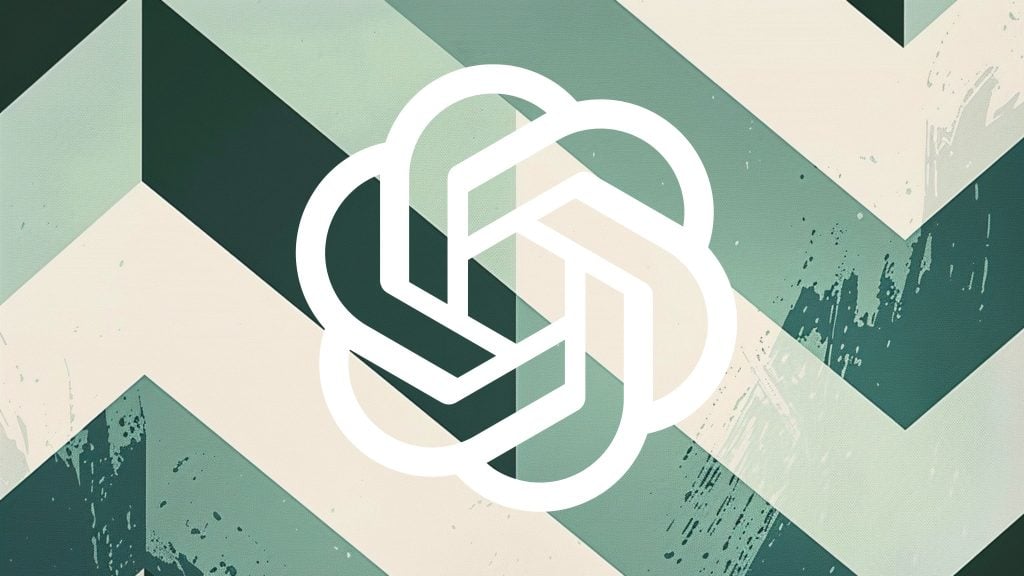 White interlocking OpenAI logo centered on a diagonal chevron background of dark teal, mint green and cream stripes with subtle paint-splatter texture.