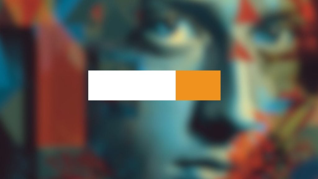 Centered horizontal progress bar with a white left section and an orange right section over a blurred colorful background.