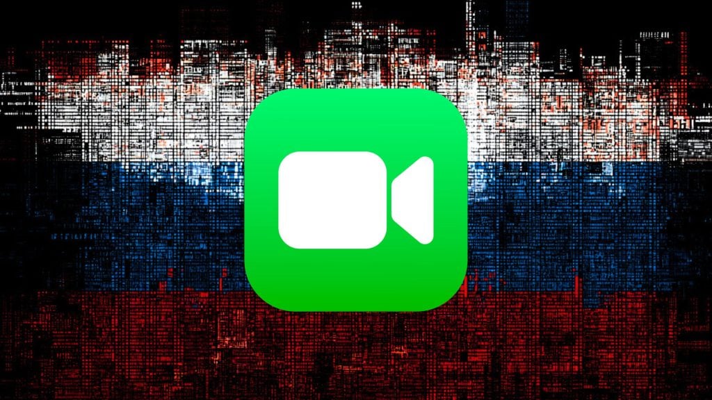 Centered green rounded-square video camera icon over a textured, glitchy digital background showing the Russian flag's horizontal white, blue, and red stripes.