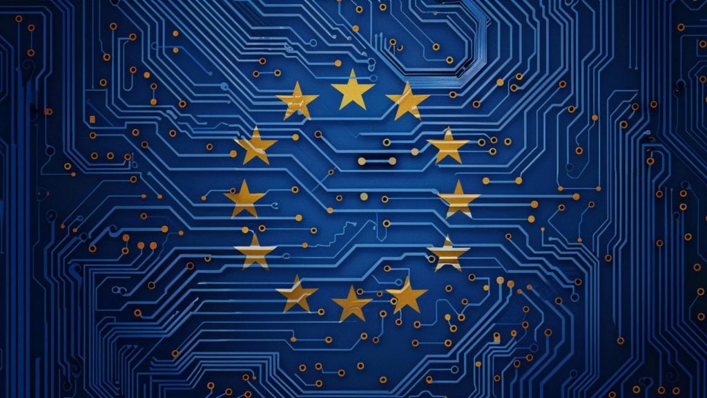 Blue printed-circuit board pattern with twelve gold stars arranged in a circle like the European Union flag, the stars integrated into the circuit traces.