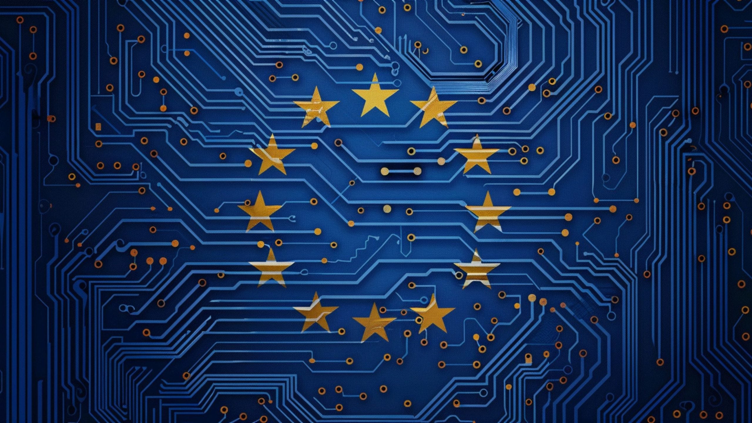 Blue printed-circuit board pattern with twelve gold stars arranged in a circle like the European Union flag, the stars integrated into the circuit traces.