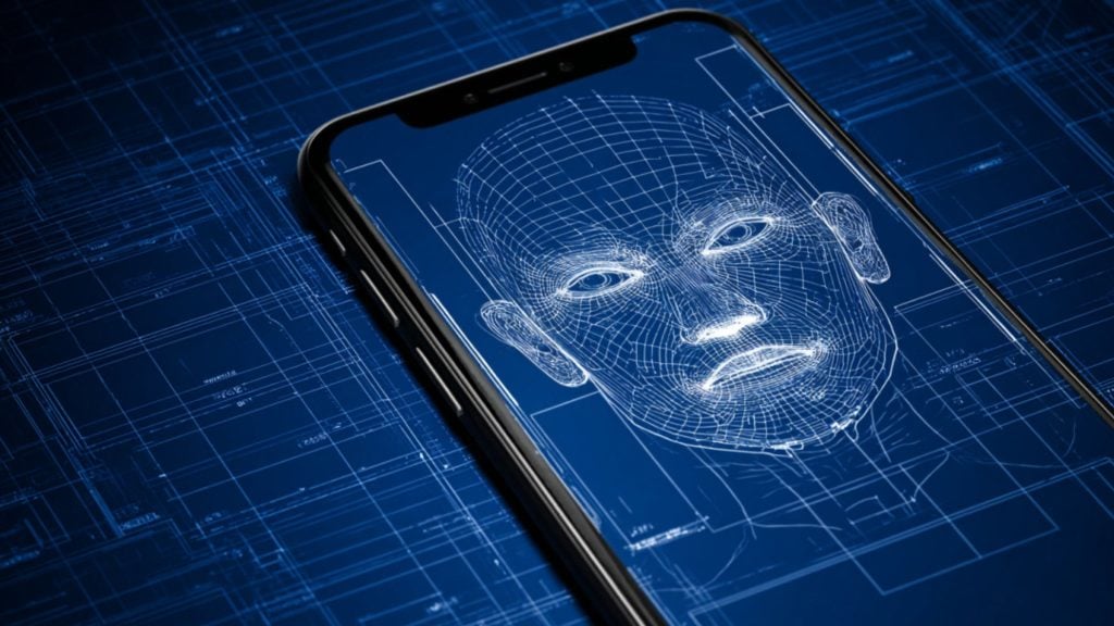 Smartphone lying on a blue schematic background with a white wireframe 3D face grid on its screen, suggesting facial recognition or biometric mapping.