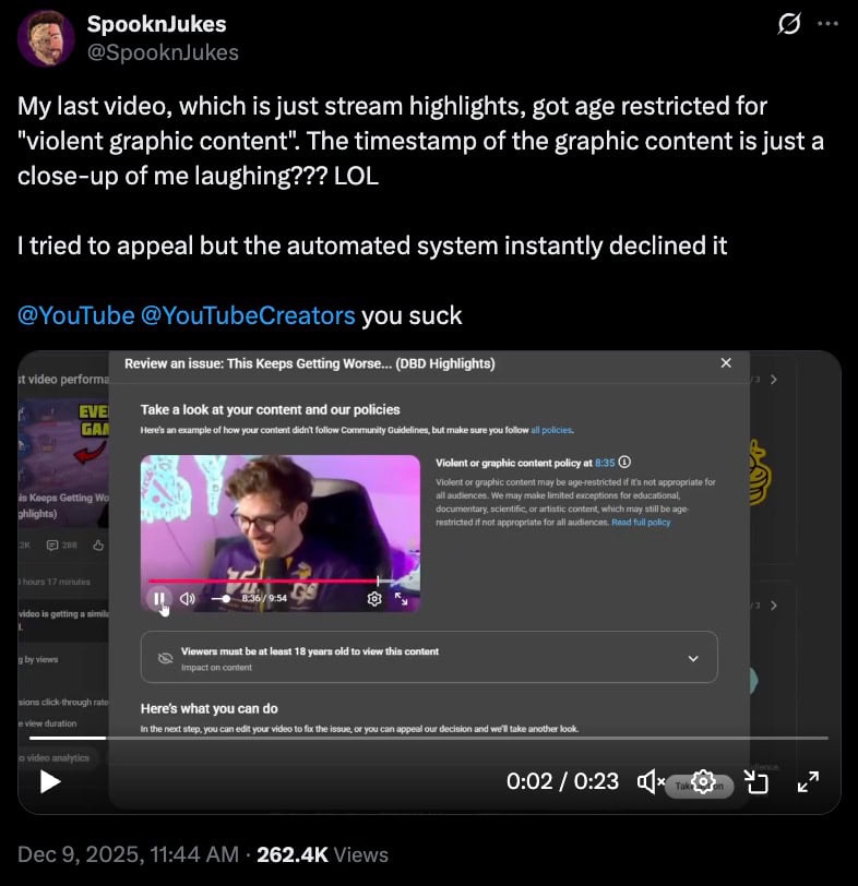 Screenshot of a social media post in which a user complains their stream highlights were age-restricted for “violent graphic content” even though the flagged timestamp is a close-up of them laughing, with an embedded YouTube policy dialog showing the paused video, an age-restriction notice, and view/time metadata at the bottom.