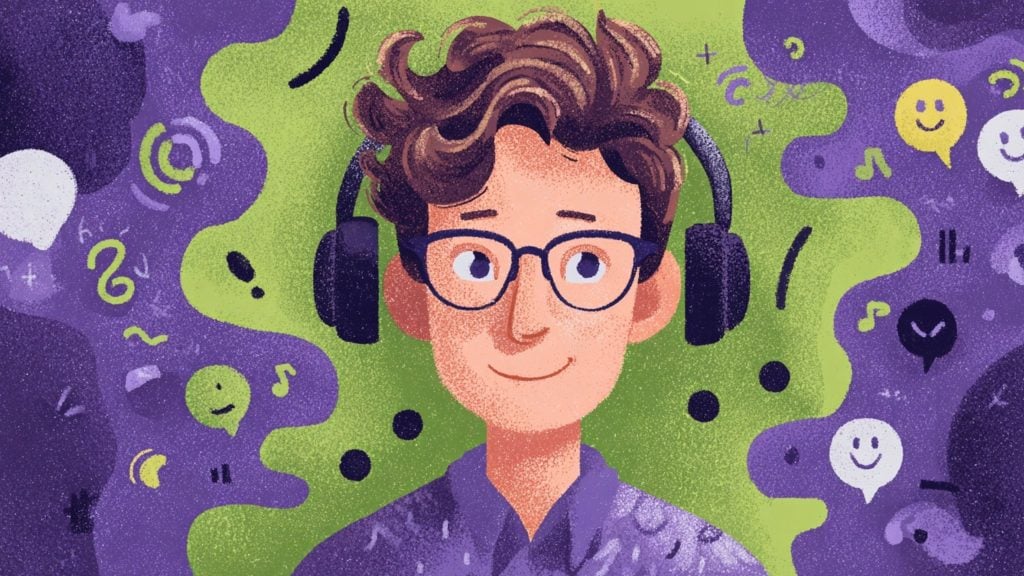 Illustration of a smiling young person with curly brown hair and glasses wearing large black headphones against a green and purple background filled with speech bubbles, musical notes, and emoji-like faces.