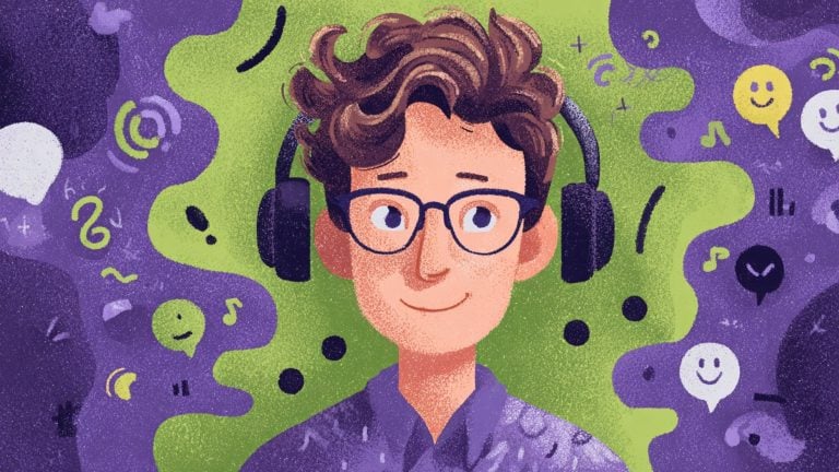 Illustration of a smiling young person with curly brown hair and glasses wearing large black headphones against a green and purple background filled with speech bubbles, musical notes, and emoji-like faces.
