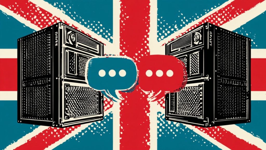 Two vintage amp cabinets face each other with overlapping blue and red speech bubbles over a stylized Union Jack