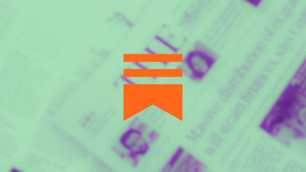 Centered bright orange bookmark-style icon with two horizontal bars above a downward-pointing ribbon, set against a blurred teal-and-purple newspaper background.