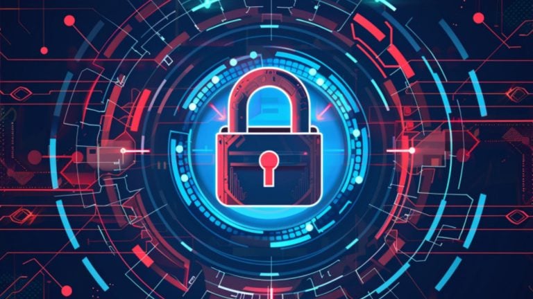 Glowing padlock icon centered in concentric blue and red digital circuitry rings, symbolizing cybersecurity.