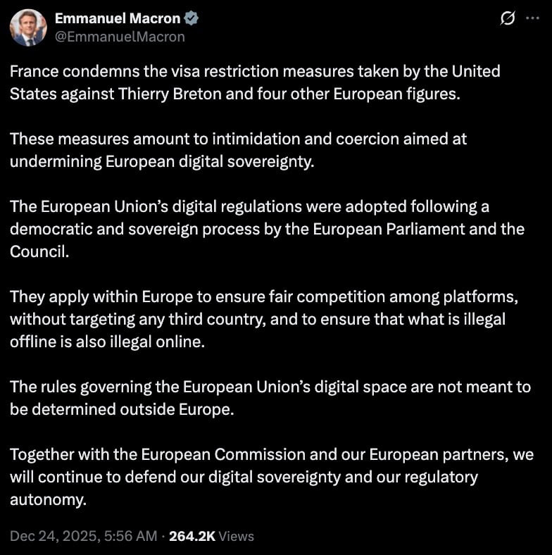 Social post condemning US visa measures against European officials and defending EU digital sovereignty; dated Dec 24, 2025.