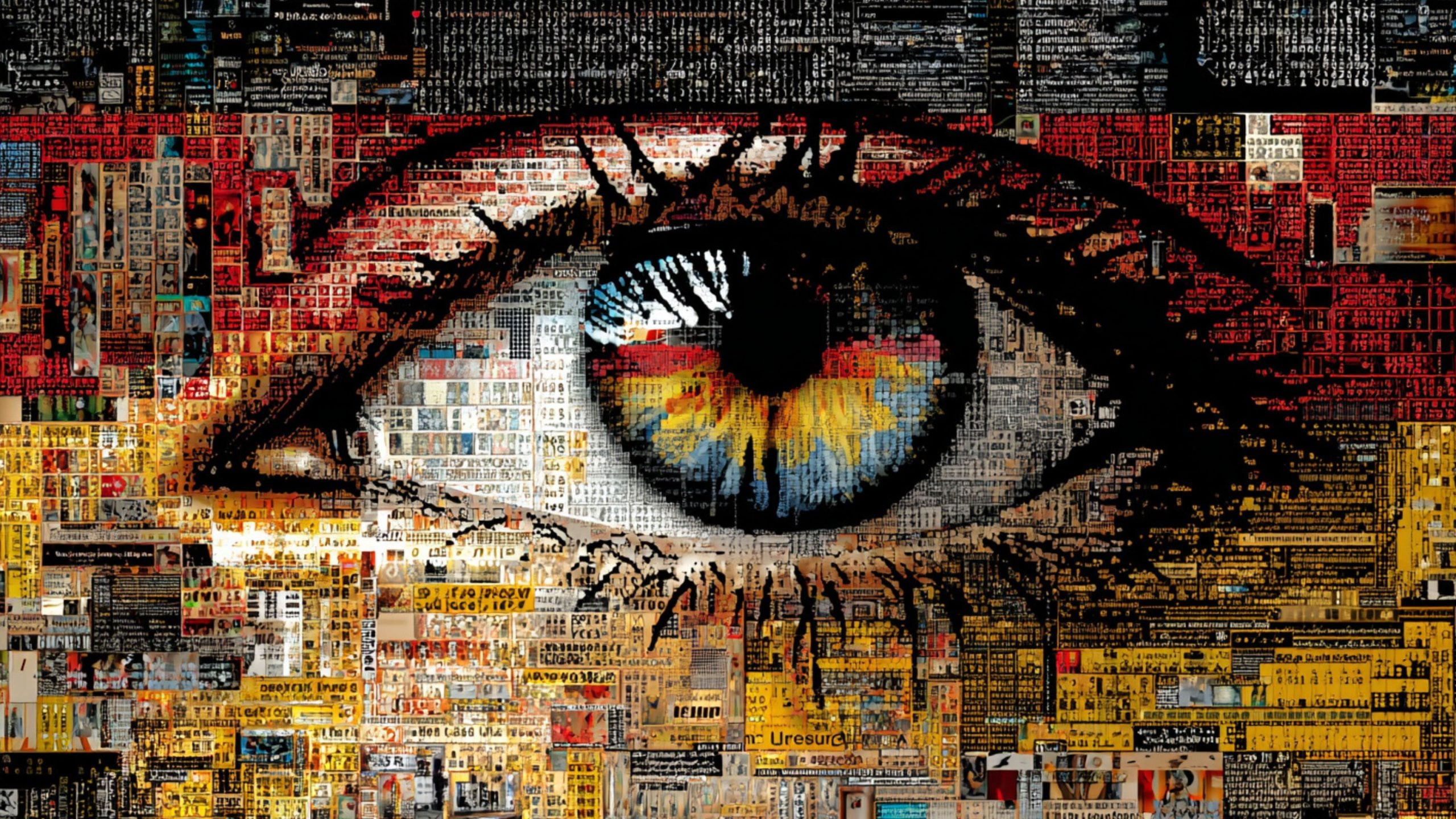 A large stylized human eye with a multicolored blue-yellow-red iris and black lashes created from a dense mosaic of tiny newspaper and magazine clippings in red, yellow, and black tones.