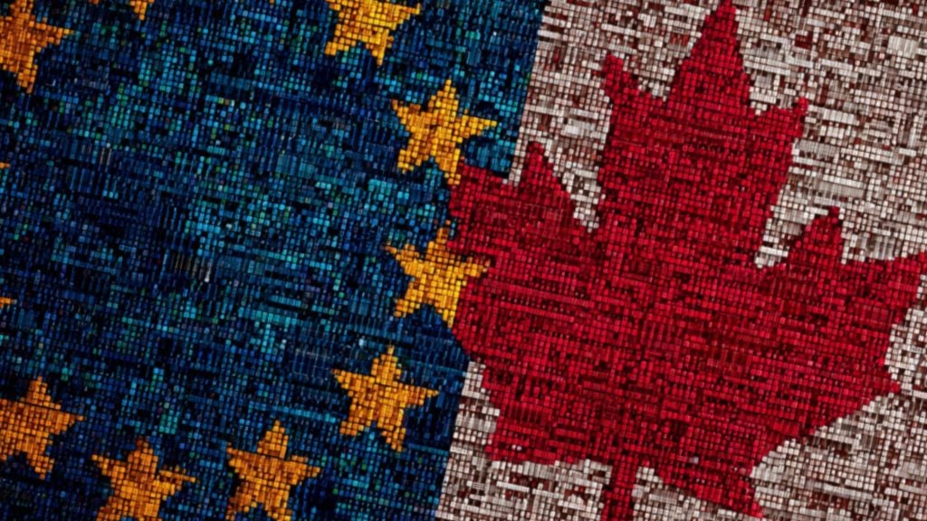 Close-up mosaic made of small rectangular digital tiles showing a blue European Union flag section with yellow stars blending into a red Canadian maple leaf on a white background.