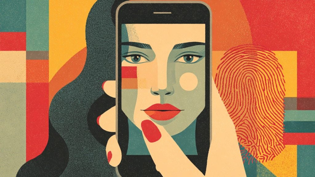 Stylized illustration of a woman's face displayed on a smartphone held in a hand with red-painted nails, set against a colorful geometric background with a large red fingerprint to the right.