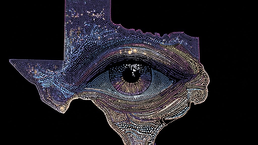 Stylized human eye composed of multicolored dots forming the outline of the state of Texas on a black background.
