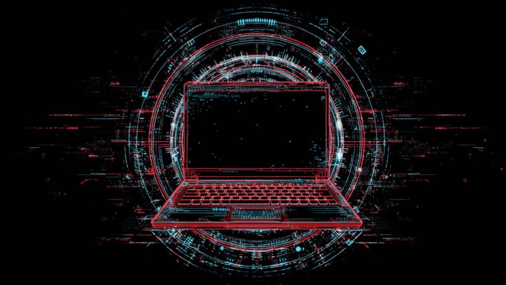 Neon red and cyan wireframe laptop centered within circular digital HUD and glitchy circuitry on a black background.