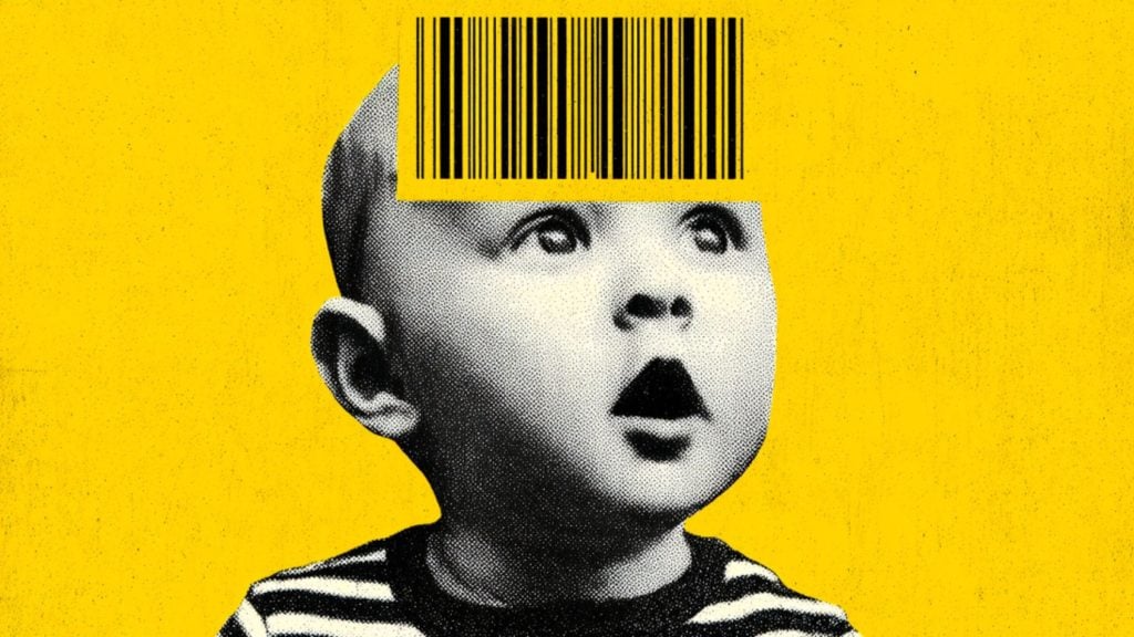 Astonished baby in a striped shirt with a black barcode stamped across its forehead on a bright yellow background.