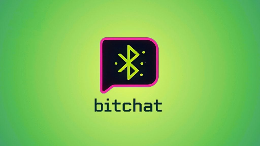 Speech-bubble logo with pink outline and neon-green rune inside over green gradient, 'bitchat' in blocky black text beneath.