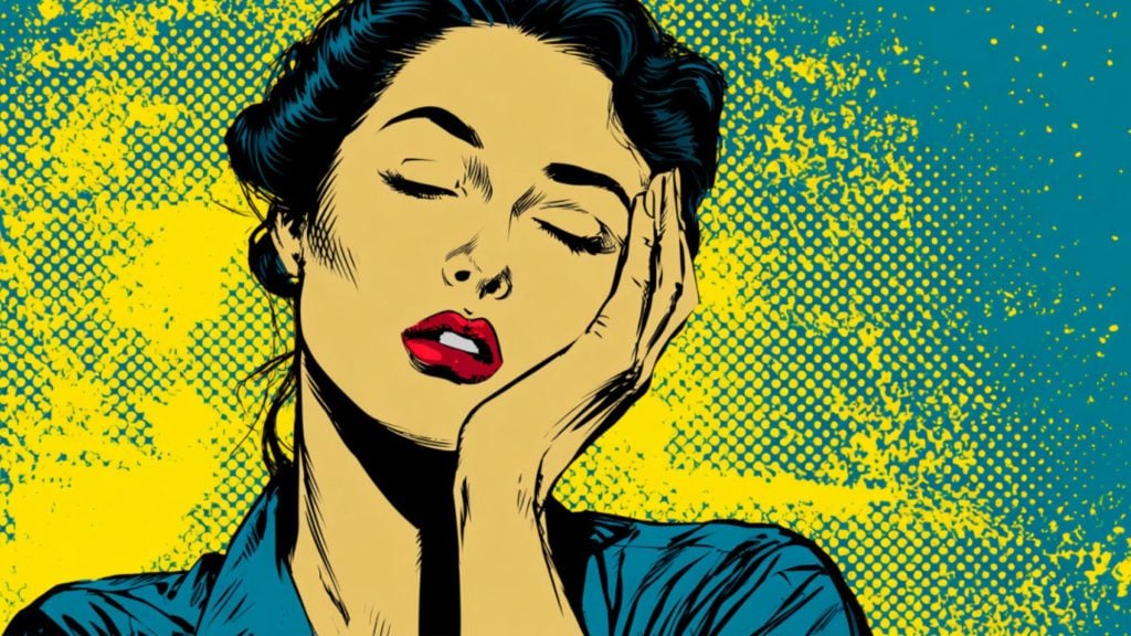 Pop-art style portrait of a woman with closed eyes and red lips resting her cheek on her hand against a yellow dotted background