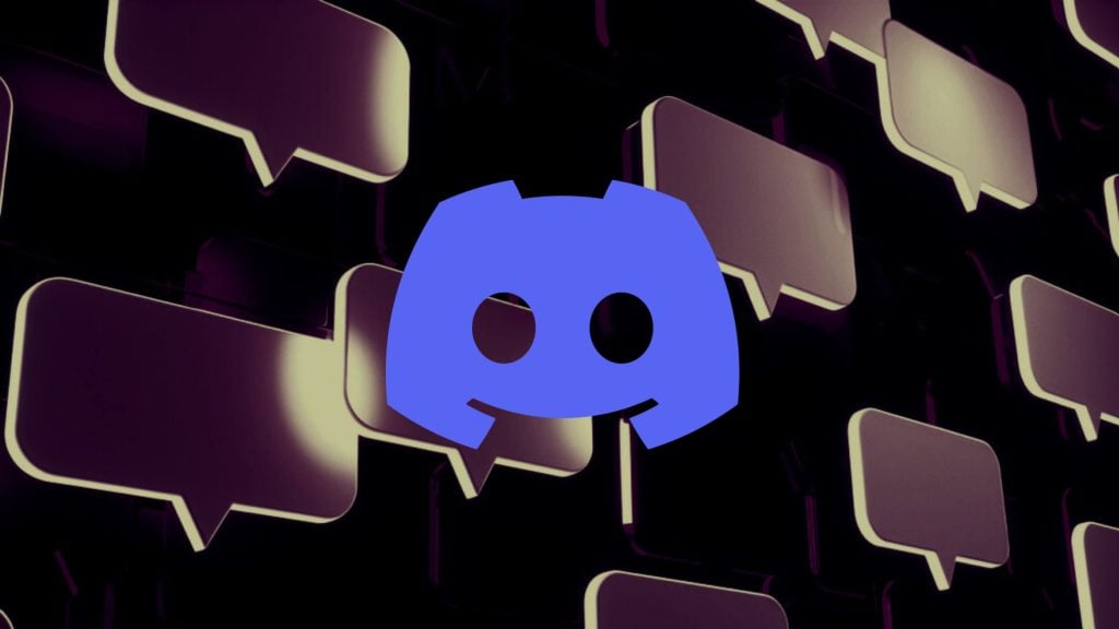 Large blue Discord logo centered over a dark background of purple, 3D speech-bubble icons.