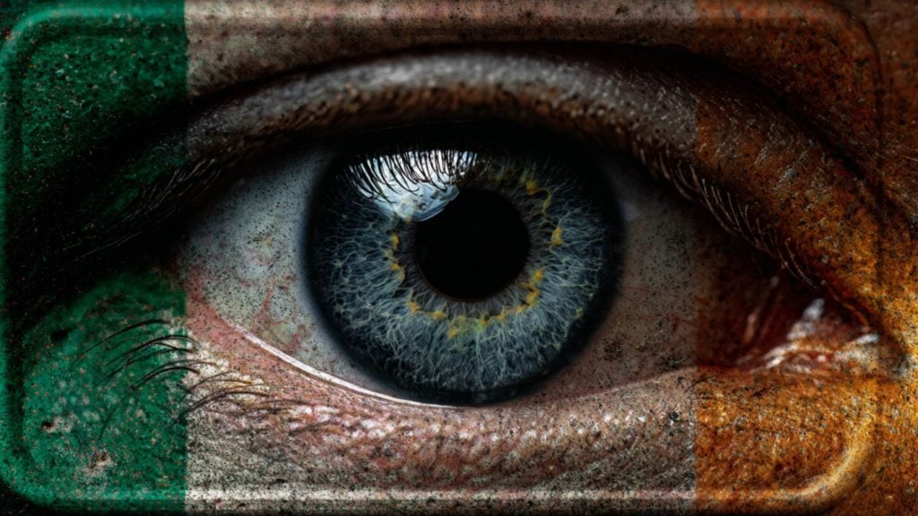 Close-up of a blue-gray eye with gold flecks framed by skin painted in vertical green, white, and orange stripes