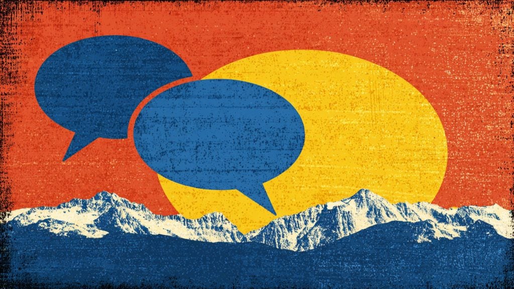 Two large blue speech bubbles overlap a yellow sun above a blue-and-white mountain range on a red, textured background.