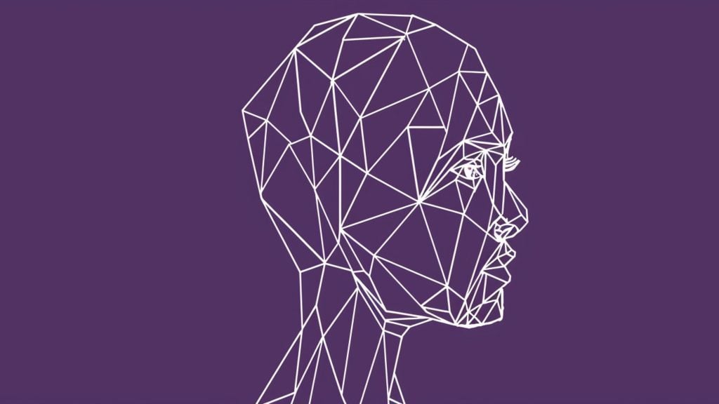 White wireframe polygonal human head in profile made of connected triangles on a solid purple background.