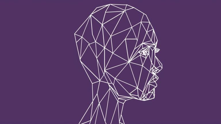 White wireframe polygonal human head in profile made of connected triangles on a solid purple background.