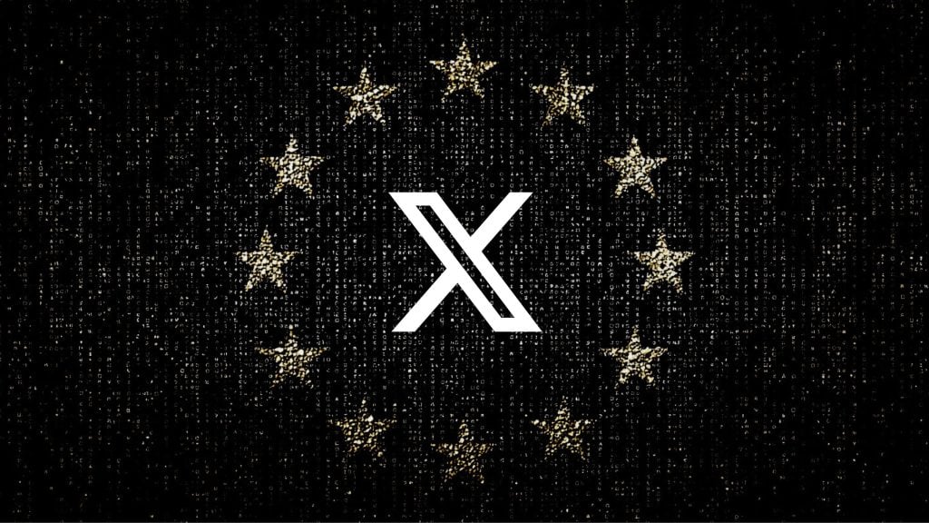 White X logo centered on a black, code-textured background encircled by twelve glittering gold stars.