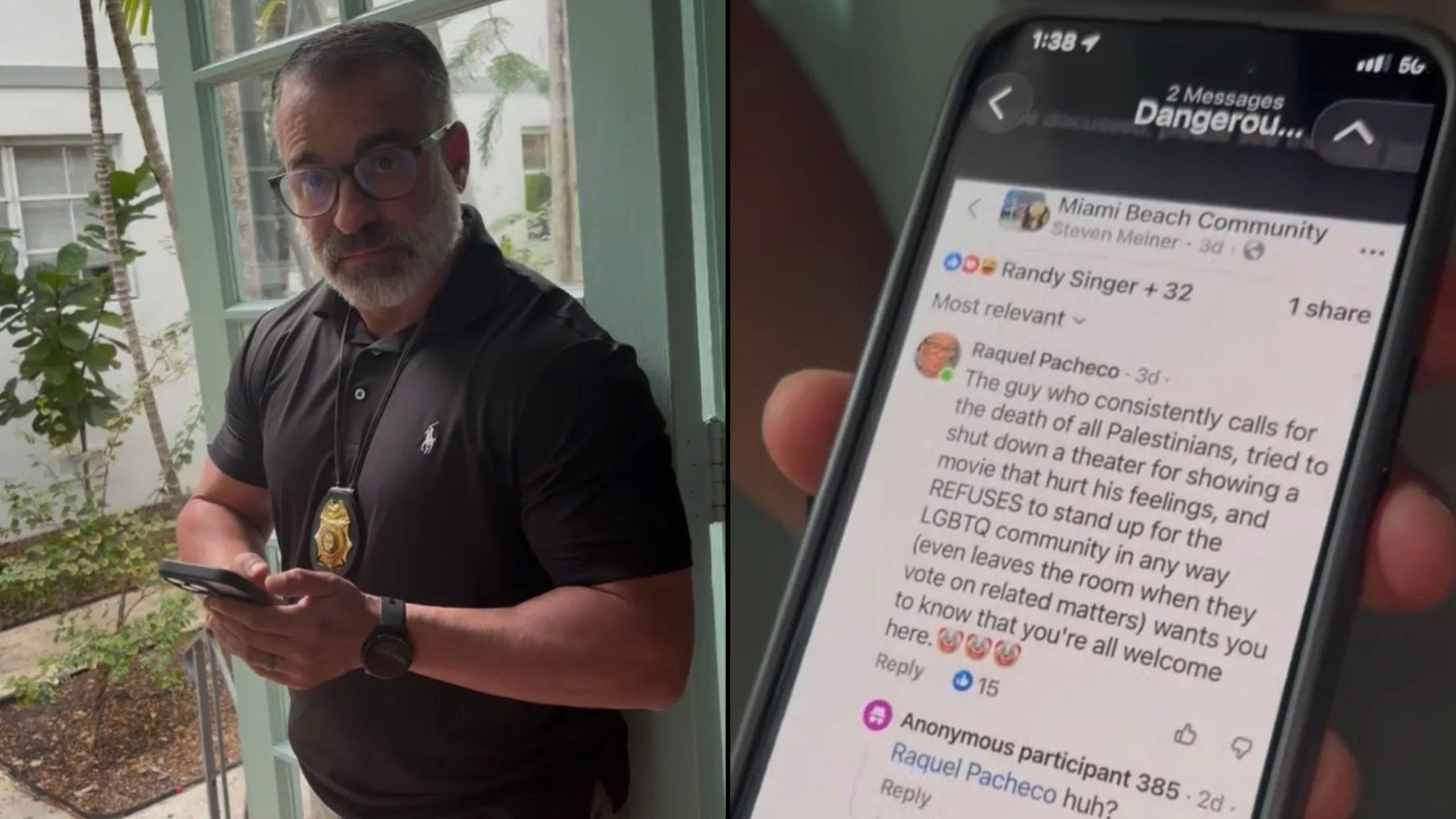 Left: man with badge holding a phone; right: phone screen showing a Facebook comment about Palestinians.