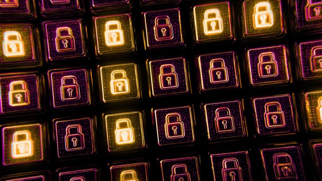 Grid of glowing neon padlock icons on square buttons in purple and gold, representing digital security.