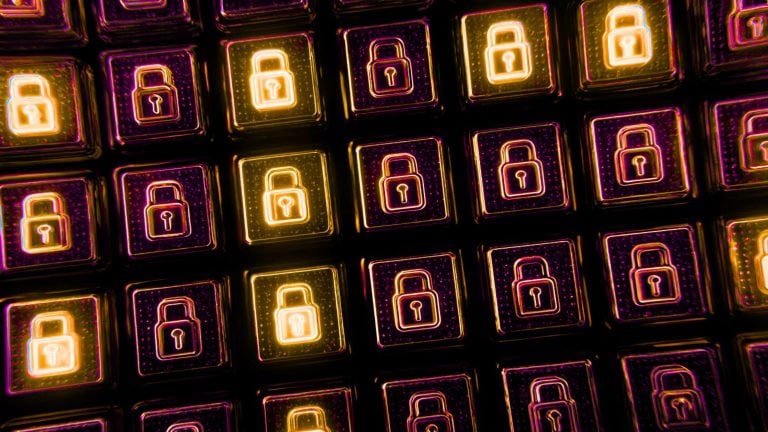 Grid of glowing neon padlock icons on square buttons in purple and gold, representing digital security.