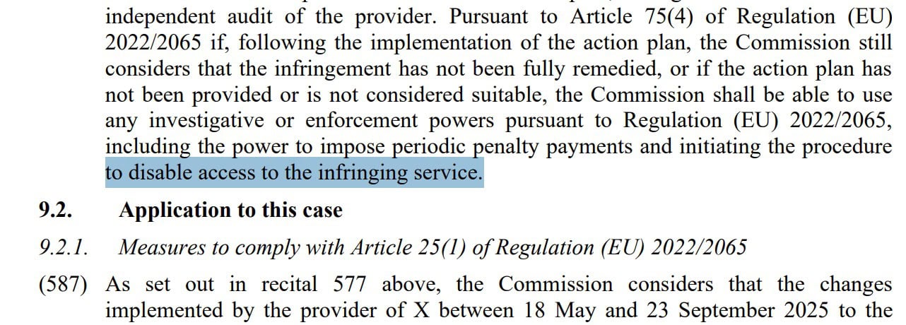 The EU threatens to block X if it does not meet its demands.